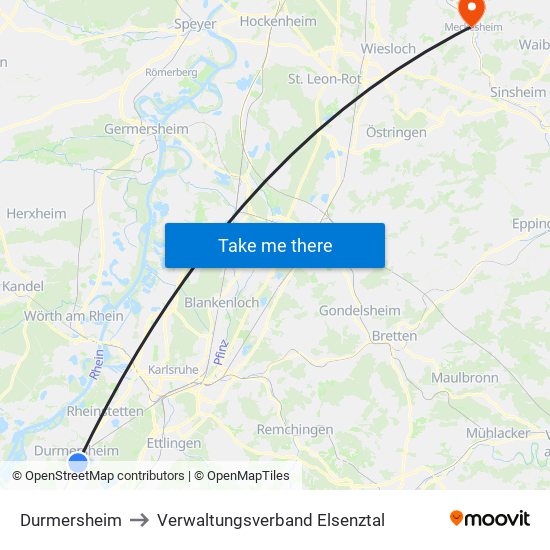 Durmersheim to Verwaltungsverband Elsenztal map