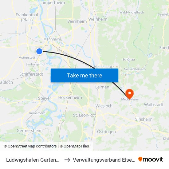 Ludwigshafen-Gartenstadt to Verwaltungsverband Elsenztal map