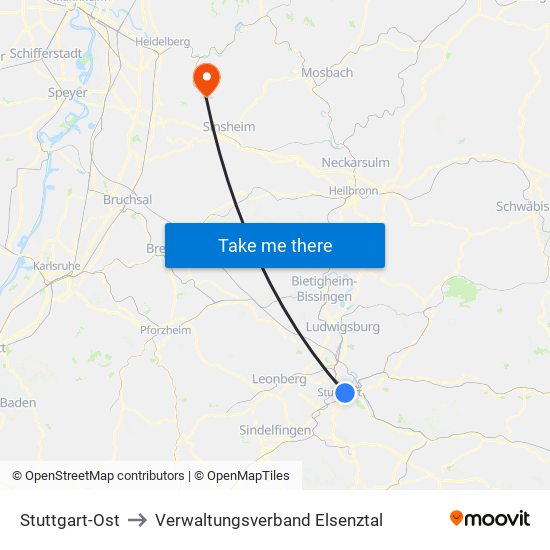 Stuttgart-Ost to Verwaltungsverband Elsenztal map