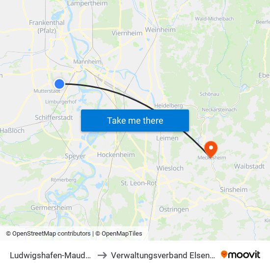 Ludwigshafen-Maudach to Verwaltungsverband Elsenztal map