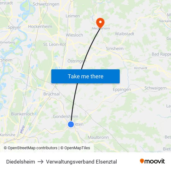 Diedelsheim to Verwaltungsverband Elsenztal map