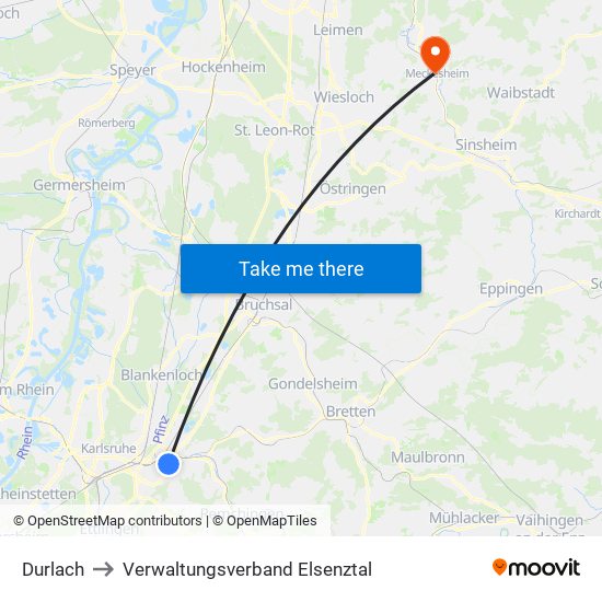 Durlach to Verwaltungsverband Elsenztal map