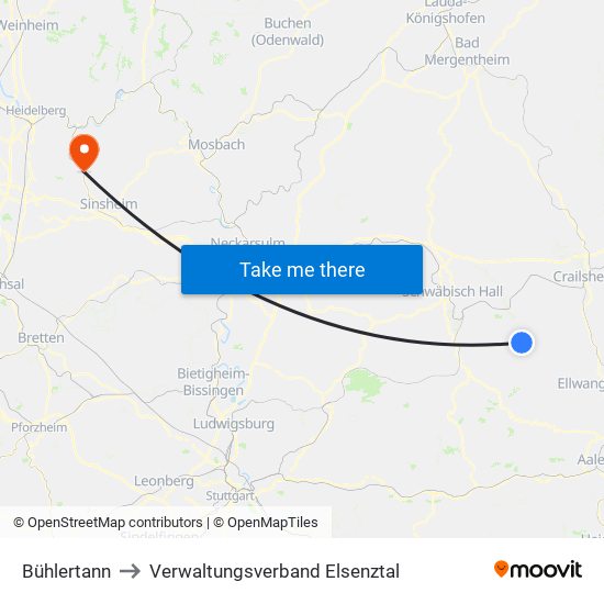 Bühlertann to Verwaltungsverband Elsenztal map