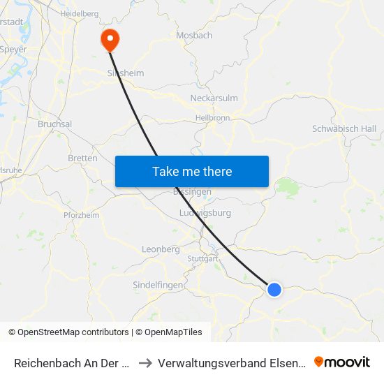 Reichenbach An Der Fils to Verwaltungsverband Elsenztal map