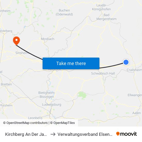 Kirchberg An Der Jagst to Verwaltungsverband Elsenztal map