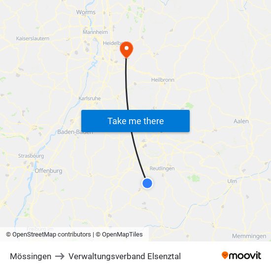Mössingen to Verwaltungsverband Elsenztal map