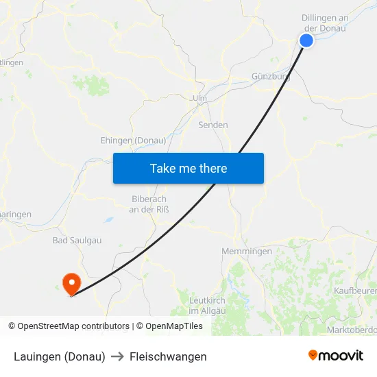 Lauingen (Donau) to Fleischwangen map