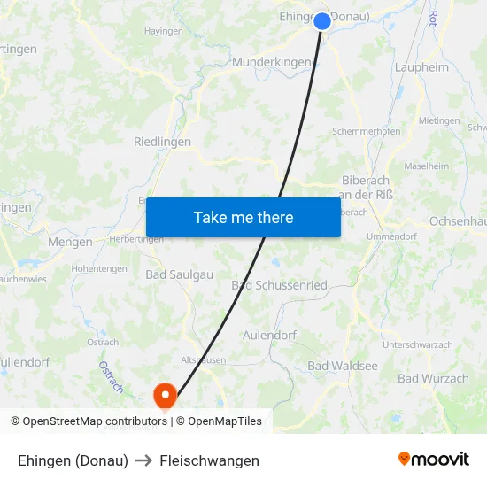 Ehingen (Donau) to Fleischwangen map
