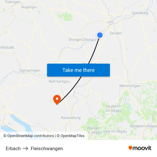 Erbach to Fleischwangen map