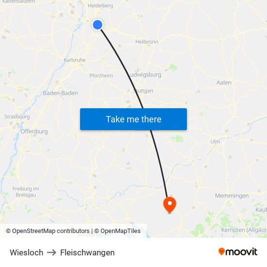 Wiesloch to Fleischwangen map