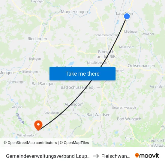 Gemeindeverwaltungsverband Laupheim to Fleischwangen map
