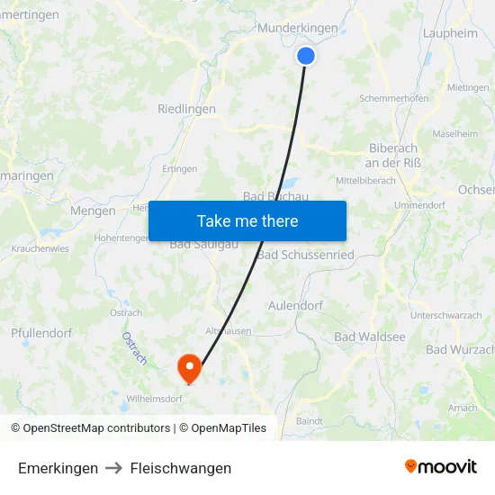 Emerkingen to Fleischwangen map