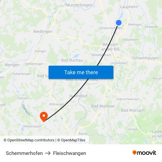 Schemmerhofen to Fleischwangen map