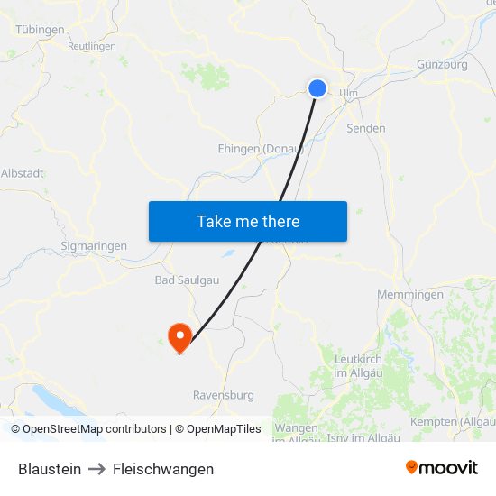 Blaustein to Fleischwangen map