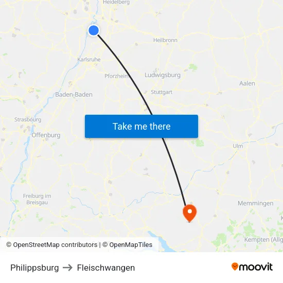 Philippsburg to Fleischwangen map