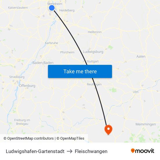 Ludwigshafen-Gartenstadt to Fleischwangen map