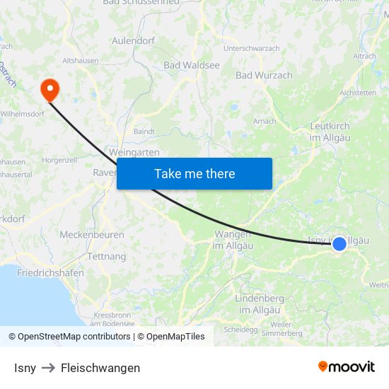 Isny to Fleischwangen map