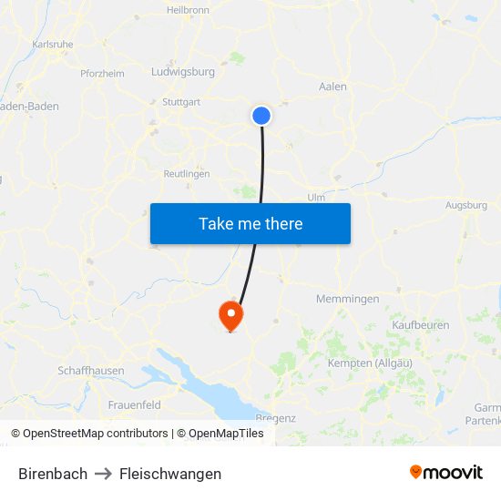 Birenbach to Fleischwangen map