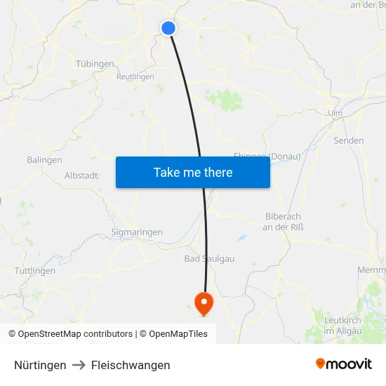 Nürtingen to Fleischwangen map