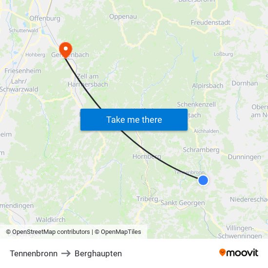 Tennenbronn to Berghaupten map