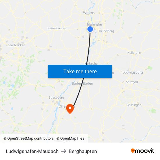 Ludwigshafen-Maudach to Berghaupten map