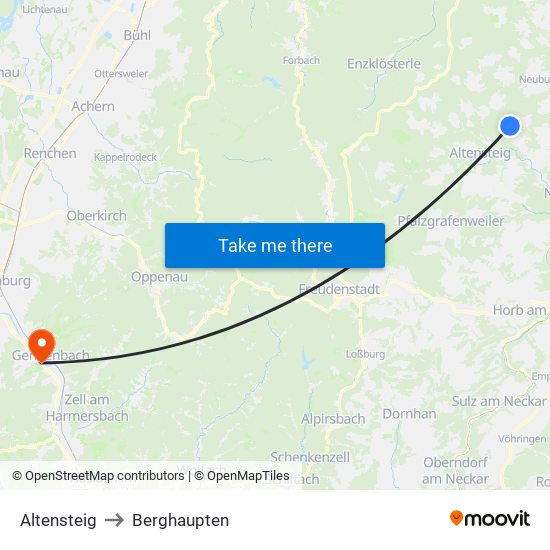 Altensteig to Berghaupten map