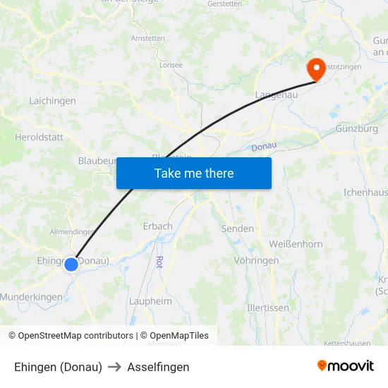 Ehingen (Donau) to Asselfingen map
