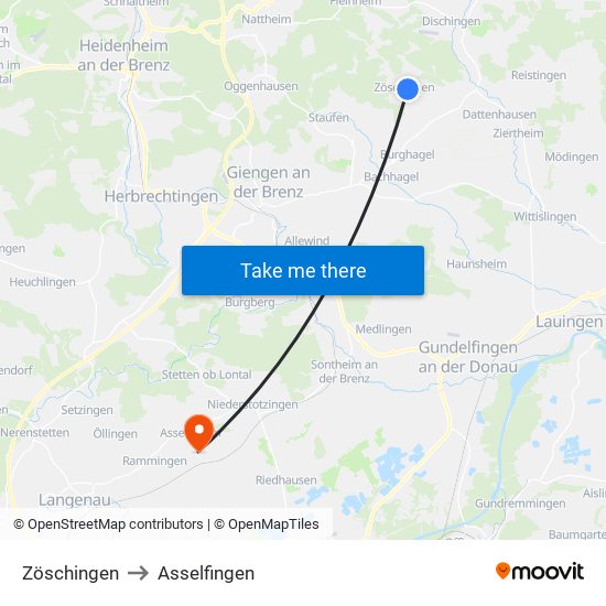 Zöschingen to Asselfingen map