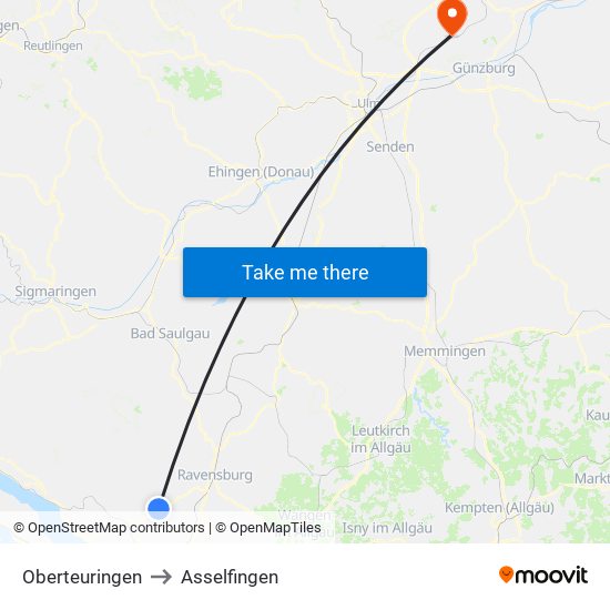 Oberteuringen to Asselfingen map