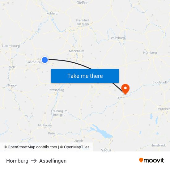Homburg to Asselfingen map