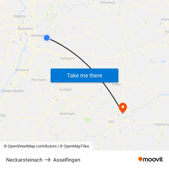 Neckarsteinach to Asselfingen map