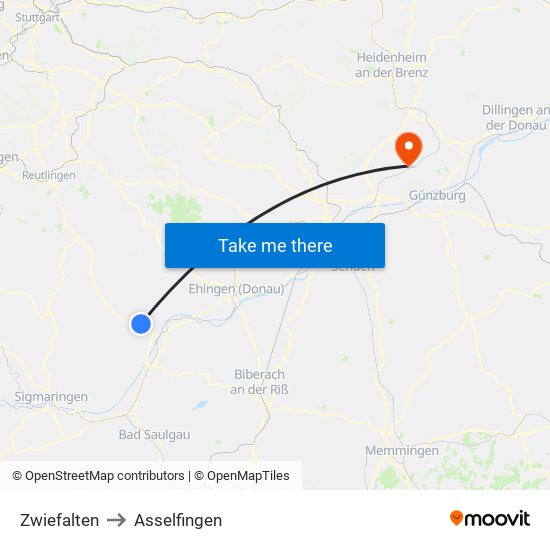 Zwiefalten to Asselfingen map