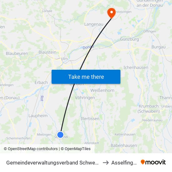 Gemeindeverwaltungsverband Schwendi to Asselfingen map