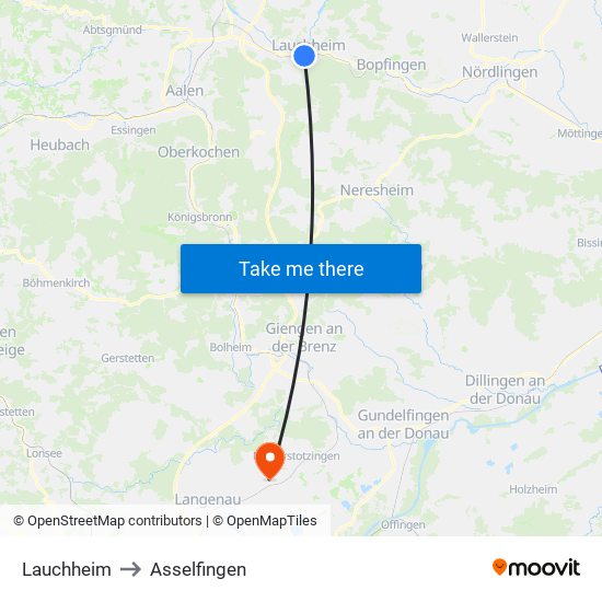 Lauchheim to Asselfingen map