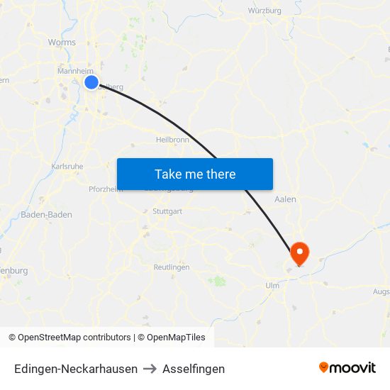 Edingen-Neckarhausen to Asselfingen map