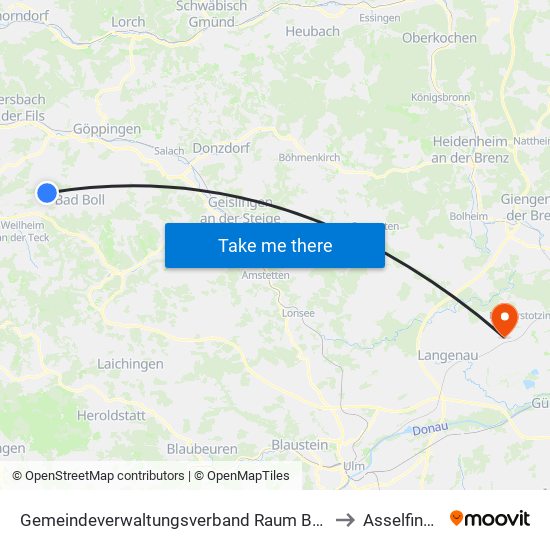 Gemeindeverwaltungsverband Raum Bad Boll to Asselfingen map