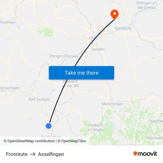 Fronreute to Asselfingen map
