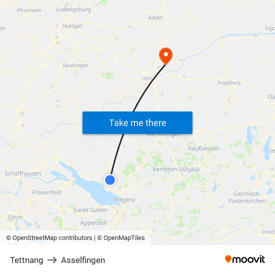 Tettnang to Asselfingen map