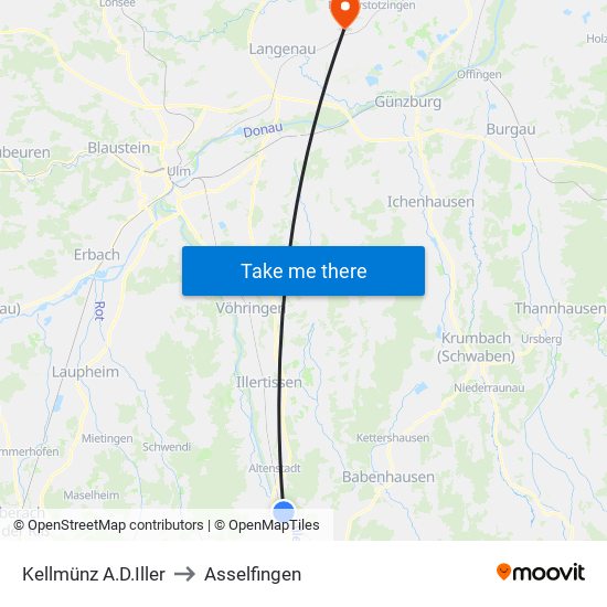 Kellmünz A.D.Iller to Asselfingen map