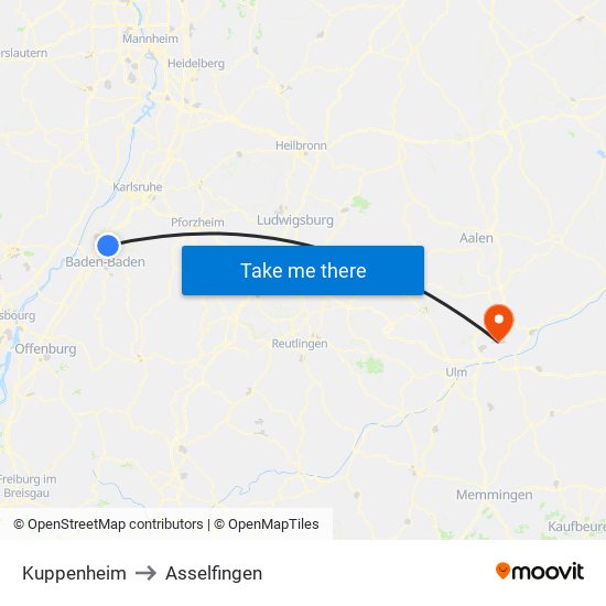 Kuppenheim to Asselfingen map