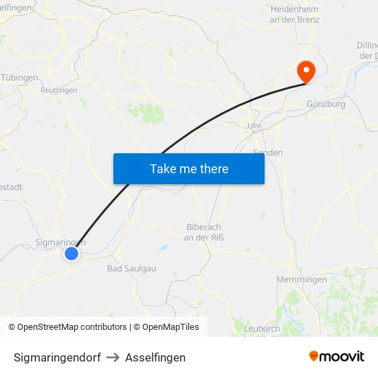 Sigmaringendorf to Asselfingen map