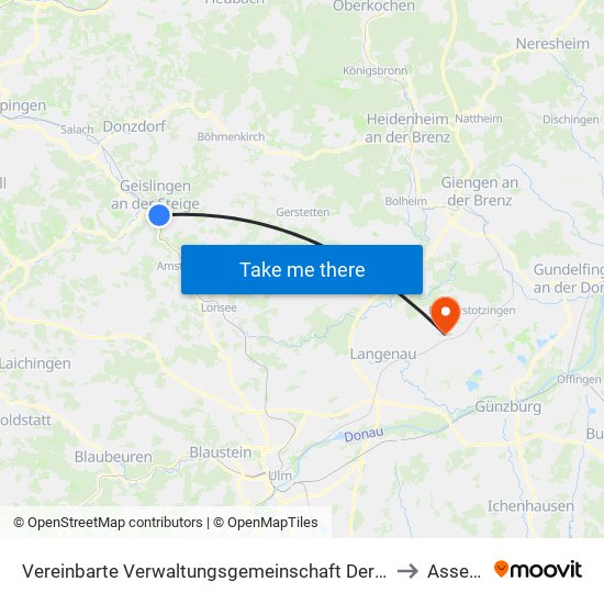 Vereinbarte Verwaltungsgemeinschaft Der Stadt Geislingen An Der Steige to Asselfingen map