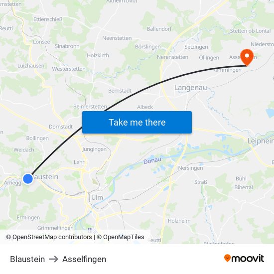 Blaustein to Asselfingen map