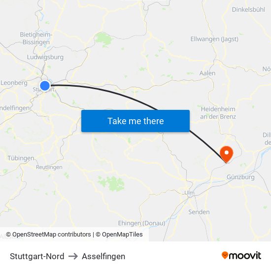 Stuttgart-Nord to Asselfingen map