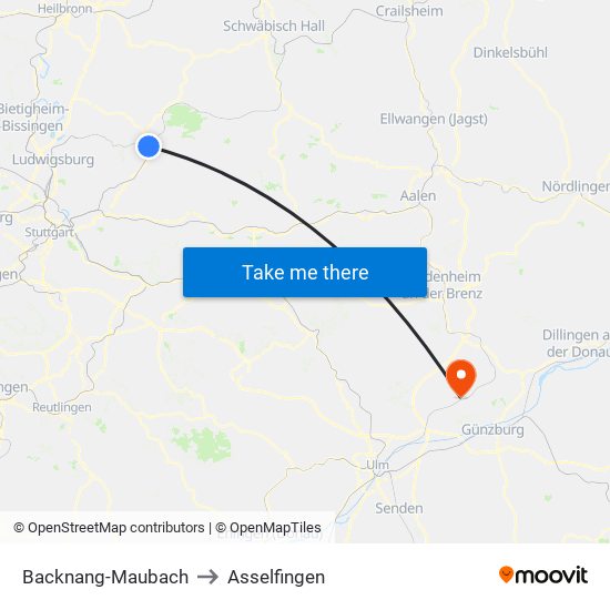 Backnang-Maubach to Asselfingen map