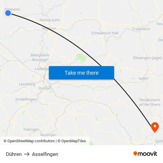 Dühren to Asselfingen map