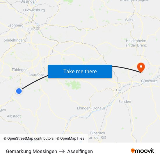 Gemarkung Mössingen to Asselfingen map