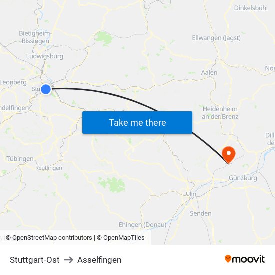 Stuttgart-Ost to Asselfingen map