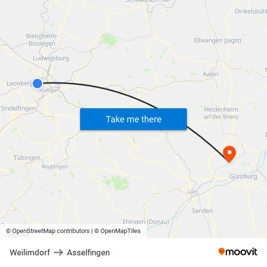 Weilimdorf to Asselfingen map