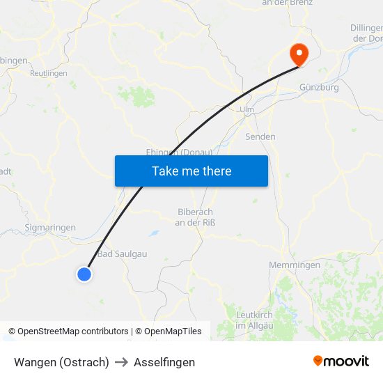 Wangen (Ostrach) to Asselfingen map